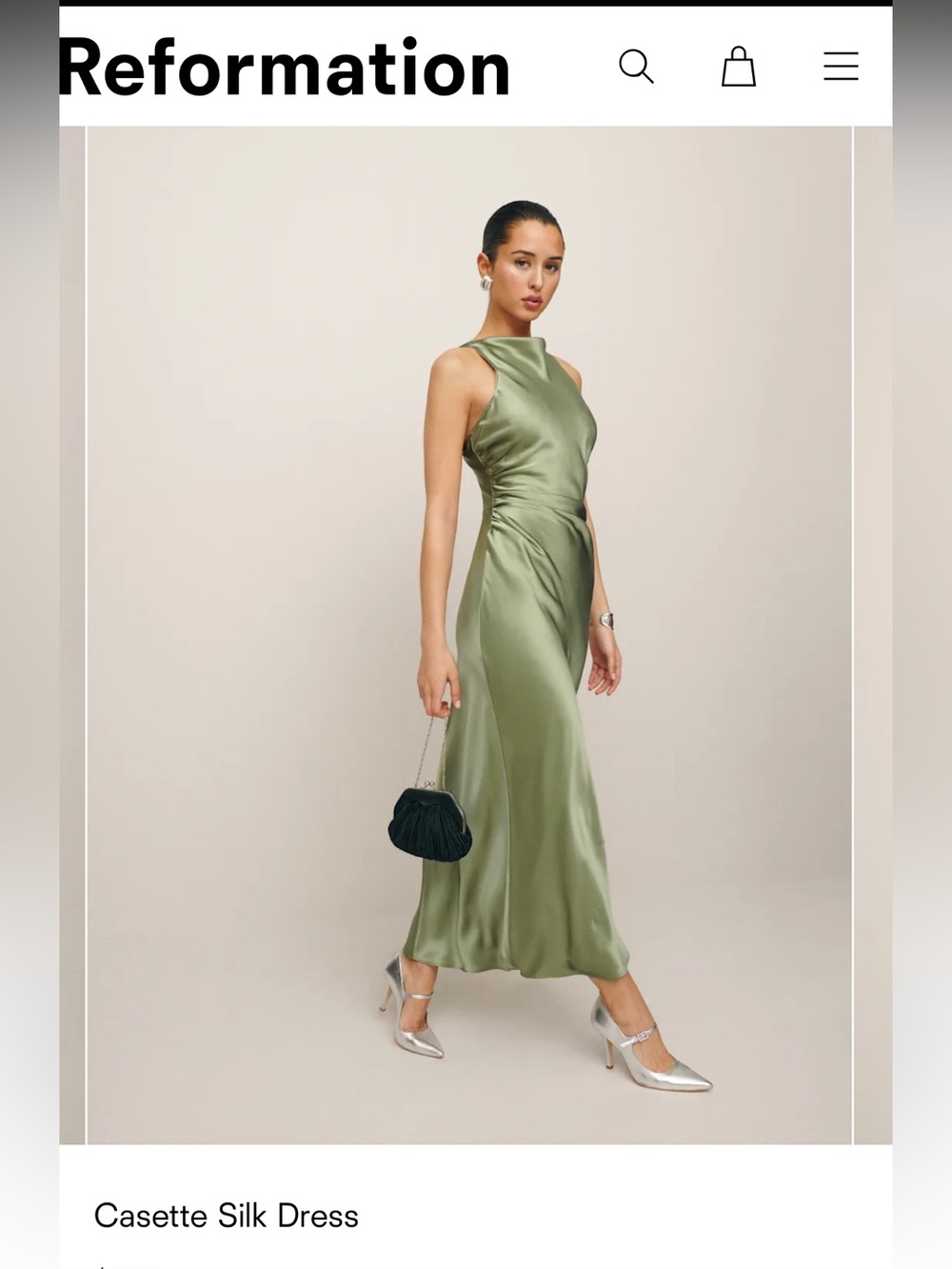 Reformation Casette Silk Dress - Olive Green NWT